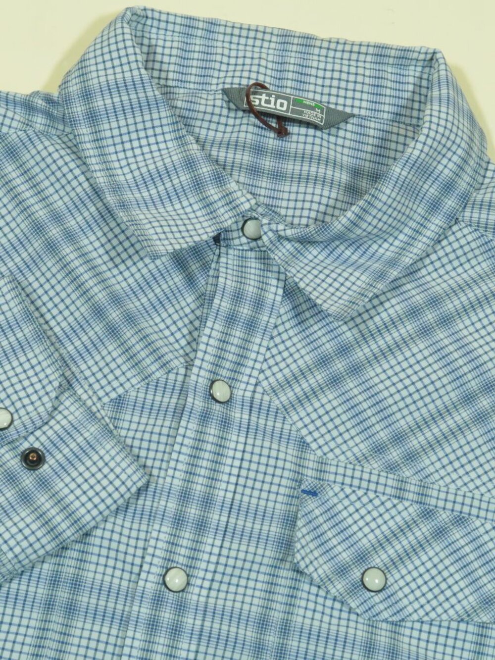 Stio Eddy Long Sleeve Shirt Mens M Blue Plaid Pearl Snap UPF 50+ Tech